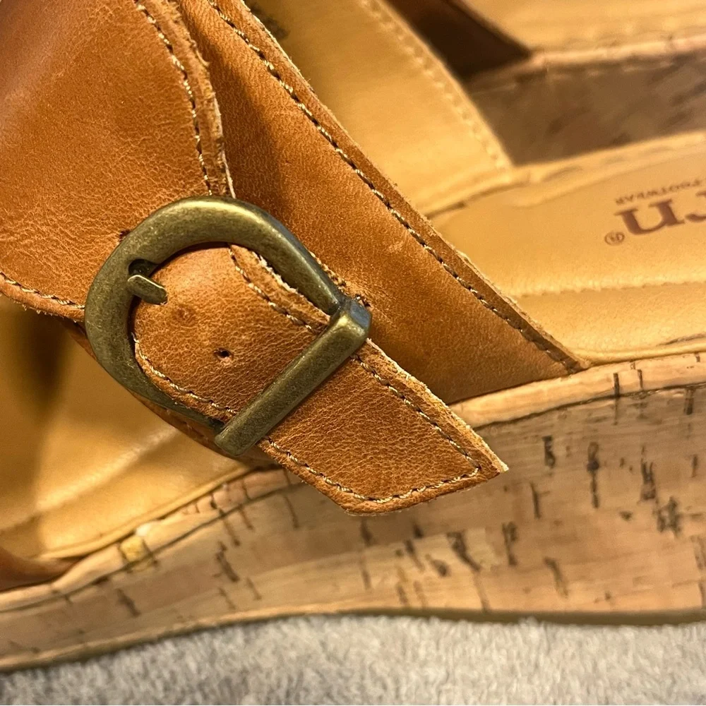 Born Cork High Wedge Sz 11 Tan Brown Leather Sandal Strap Slip On Buckle EUC